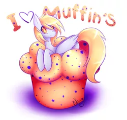 Size: 1643x1555 | Tagged: safe, artist:kousagi-hime, derpibooru import, derpy hooves, pegasus, pony, female, food, giant muffin, mare, muffin, prone, solo, that pony sure does love muffins