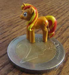 Size: 923x1003 | Tagged: safe, artist:soobel, derpibooru import, sunset shimmer, pony, clay, coin, craft, euro, photo, sculpture, solo, tiny, tiny ponies, traditional art