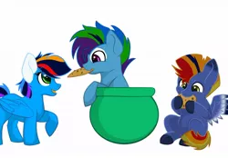 Size: 1024x713 | Tagged: artist:colourstrike, cookie, cookie jar, cookie thief, cute, derpibooru import, food, oc, oc:glider, oc:hurricane, oc:storm, offspring, parent:rainbow dash, parent:soarin', parents:soarindash, safe, siblings, simple background, unofficial characters only, white background