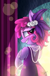 Size: 800x1227 | Tagged: safe, artist:jorobro, derpibooru import, berry punch, berryshine, pony, berrybetes, bipedal, blushing, clothes, cute, dress, grin, looking back, pearl, solo, underhoof