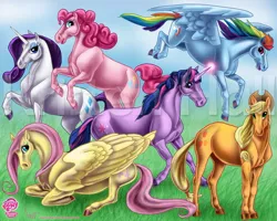 Size: 1024x819 | Tagged: applejack, artist:the-cynical-unicorn, derpibooru import, fluttershy, horse, horsified, mane six, my little pony logo, pinkie pie, rainbow dash, rarity, realistic, realistic anatomy, safe, twilight sparkle, watermark