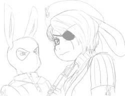 Size: 1008x780 | Tagged: ak-47, artist:dj-black-n-white, assault rifle, bunny empire, derpibooru import, eyepatch, gun, implied bestiality, monochrome, oc, oc:cottonball, offspring, parent:rabbit, rifle, safe, satyr, unofficial characters only, weapon