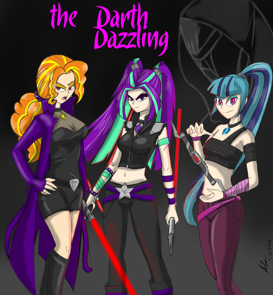 Size: 3052x3300 | Tagged: adagio dazzle, aria blaze, artist:evanzblack, belly button, boots, clothes, crossover, derpibooru import, frown, human, humanized, jacket, lightsaber, midriff, safe, sith, smirk, sonata dusk, star wars, the dazzlings, weapon