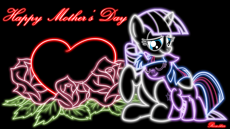 Size: 1920x1080 | Tagged: artist:rose5tar, artist:voaxmasterspydre, black background, derpibooru import, filly, filly twilight sparkle, flower, heart, mother and daughter, mother's day, neon, neon art, rose, safe, simple background, twilight sparkle, twilight velvet, vector