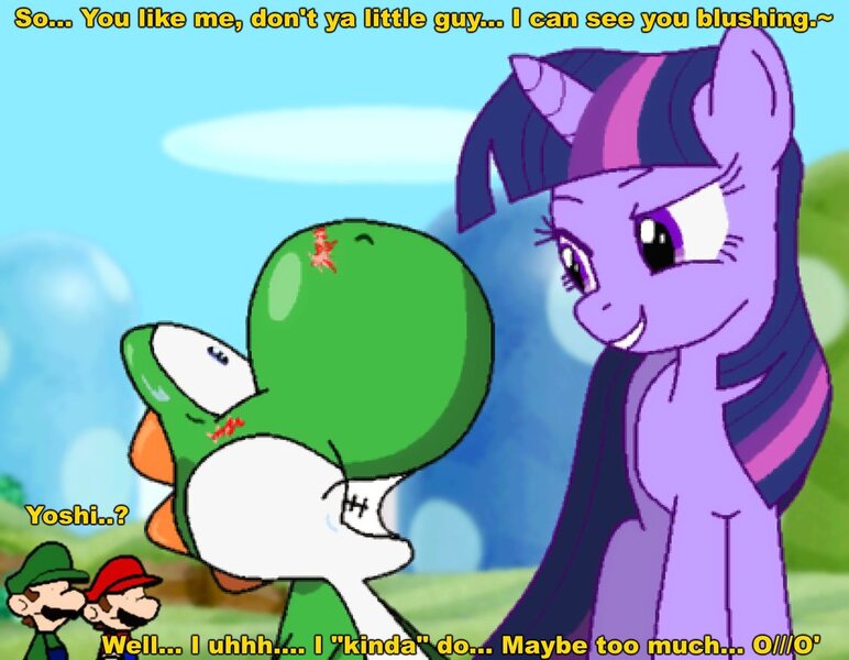 Size: 1014x788 | Tagged: artist:airwolf-animatronic, bedroom eyes, blushing, crack shipping, crossover, crossover shipping, derpibooru import, dialogue, luigi, mario, safe, shipping, super mario bros., twilight sparkle, yoshi, yoshilight