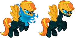 Size: 6673x3384 | Tagged: safe, artist:catzrul2, artist:morningstorm, derpibooru import, oc, oc:solar flare, oc:supernova, unofficial characters only, pegasus, pony, absurd resolution, blue fire, bodysuit, fire, mute, poison joke, simple background, sunglasses, superhero, transparent background, vector