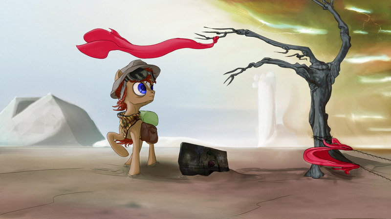 Size: 2870x1614 | Tagged: safe, artist:aaronmk, derpibooru import, oc, unofficial characters only, pony, fallout equestria, barbed wire, dead tree, grand pegasus enclave, saddle bag, sand storm, tree