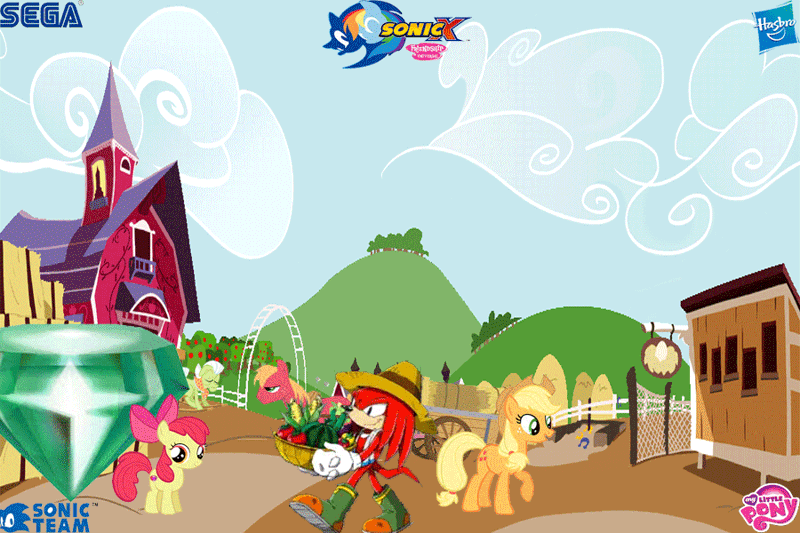 Size: 900x600 | Tagged: safe, artist:trungtranhaitrung, derpibooru import, apple bloom, applejack, big macintosh, granny smith, earth pony, pony, apple tree, barn, basket, boots, cart, corn, crossover, cucumber, egg mobile, food, fruit, hasbro, hat, hay, horseshoes, knuckles the echidna, logo, male, master emerald, my little pony logo, pepper, plants, rocking chair, sega, sonic team, sonic the hedgehog, sonic the hedgehog (series), stallion, straw hat, sweatcloth, sweet apple acres, tomato, watermelon