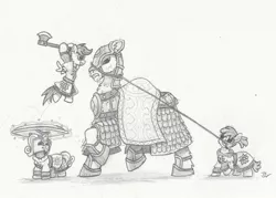 Size: 1008x722 | Tagged: safe, artist:sensko, derpibooru import, apple bloom, scootaloo, sweetie belle, camel, earth pony, pegasus, pony, unicorn, armor, axe, black and white, crusader, cutie mark crusaders, dromedary, fantasy class, grayscale, knight, lasso, magic, monochrome, paladin, pencil drawing, raised hoof, rope, shield, simple background, sketch, telekinesis, traditional art, warrior, weapon, white background