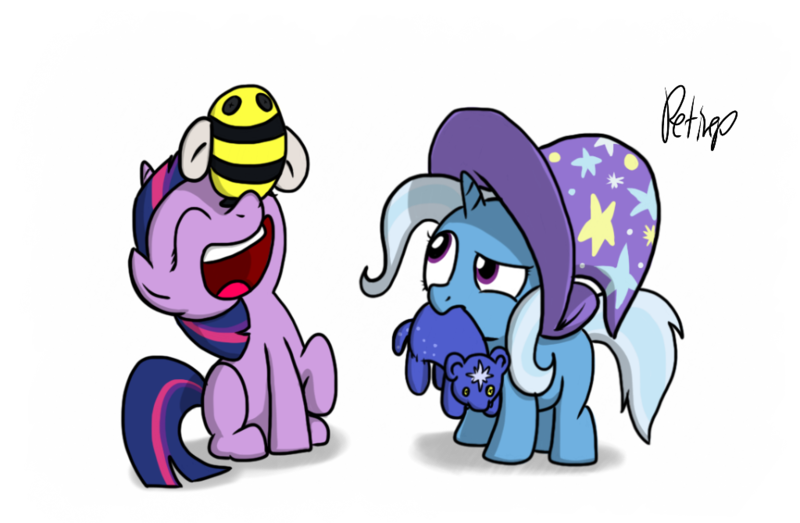 Size: 1024x669 | Tagged: safe, artist:petirep, derpibooru import, trixie, twilight sparkle, bee, pony, unicorn, ursa minor, cute, diatrixes, eyes closed, female, filly, filly trixie, filly twilight sparkle, mare, mouth hold, mrs. buzzy, open mouth, plushie, ponies balancing stuff on their nose, raised eyebrow, raised hoof, sitting, smiling, teddy bear, twiabetes, ursa plush, younger