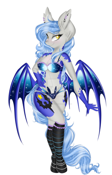 Size: 1024x1600 | Tagged: suggestive, artist:silent-shadow-wolf, derpibooru import, oc, oc:midnight radiance, unofficial characters only, anthro, bat pony, unguligrade anthro, anthro oc, belly button, blue underwear, blushing, bra, breasts, cleavage, clothes, deviantart watermark, female, frilly underwear, lingerie, obtrusive watermark, panties, simple background, solo, solo female, starry underwear, transparent background, underwear, watermark