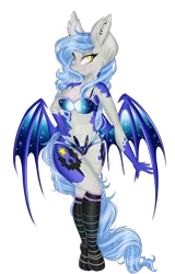 Size: 1024x1600 | Tagged: suggestive, artist:silent-shadow-wolf, derpibooru import, oc, oc:midnight radiance, unofficial characters only, anthro, bat pony, unguligrade anthro, anthro oc, belly button, blue underwear, blushing, bra, breasts, cleavage, clothes, deviantart watermark, female, frilly underwear, lingerie, obtrusive watermark, panties, simple background, solo, solo female, starry underwear, transparent background, underwear, watermark