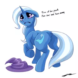 Size: 2000x2000 | Tagged: safe, artist:gasmaskfox, derpibooru import, trixie, pony, unicorn, abuse, crying, dock, featureless crotch, female, floppy ears, lip bite, looking back, looking up, mare, raised hoof, sad, simple background, solo, trixiebuse, white background