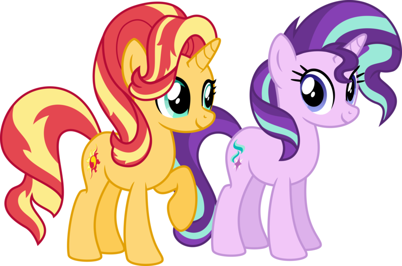 Size: 5057x3350 | Tagged: safe, artist:osipush, derpibooru import, starlight glimmer, sunset shimmer, pony, unicorn, absurd resolution, counterparts, inkscape, looking at each other, mane swap, raised hoof, simple background, transparent background, twilight's counterparts, vector