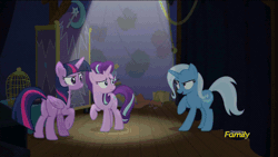 Size: 960x540 | Tagged: safe, derpibooru import, edit, edited screencap, screencap, starlight glimmer, trixie, twilight sparkle, twilight sparkle (alicorn), alicorn, pony, no second prances, animated, counterparts, discovery family logo, female, kamehameha, magical trio, mare, pointing, twilight's counterparts