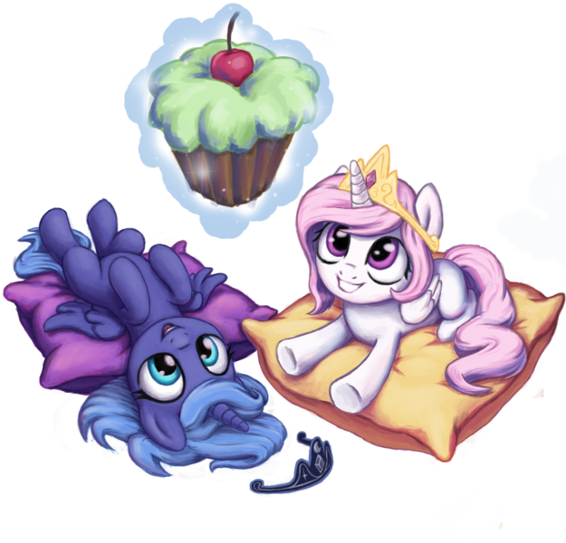 Size: 1689x1622 | Tagged: artist:inowiseei, cewestia, cupcake, cute, cutelestia, derpibooru import, female, filly, filly celestia, filly luna, food, levitation, lunabetes, magic, pink-mane celestia, princess celestia, princess luna, royal sisters, safe, sisters, telekinesis, woona, younger