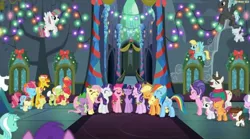 Size: 1682x936 | Tagged: safe, derpibooru import, screencap, apple bloom, applejack, big macintosh, blossomforth, bulk biceps, carrot cake, cookie crumbles, cup cake, diamond tiara, fluttershy, granny smith, helia, hondo flanks, lyra heartstrings, pinkie pie, pipsqueak, pound cake, pumpkin cake, rainbow dash, rarity, rumble, scootaloo, spike, starlight glimmer, sweetie belle, thunderlane, twilight sparkle, twilight sparkle (alicorn), alicorn, earth pony, pony, a hearth's warming tail, carrot cup, colt, cookieflanks, female, male, mane seven, mane six, mare, rarity's parents, shipping, straight, the cakes, twilight's castle