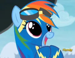 Size: 1849x1431 | Tagged: safe, derpibooru import, screencap, rainbow dash, pegasus, pony, newbie dash, cute, dashabetes, dilated pupils, discovery family logo, female, goggles, grin, happy, mare, open mouth, wide eyes, wingless, wonderbolts uniform