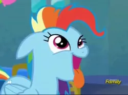 Size: 1533x1141 | Tagged: safe, derpibooru import, screencap, rainbow dash, newbie dash, alternate hairstyle, behaving like a dog, behaving like pinkie pie, discovery family logo, dynamic dash, impressions, open mouth, panting, puppy pie, solo, tongue out