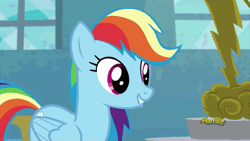 Size: 500x281 | Tagged: animated, ashleigh ball, derpibooru import, discovery family logo, forthright filly, newbie dash, rainbow dash, safe, screencap, solo, talking, voice actor joke