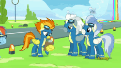 Size: 500x281 | Tagged: safe, derpibooru import, screencap, rainbow dash, silver lining, silver zoom, spitfire, wind waker (character), pegasus, pony, newbie dash, animated, book, broken glasses, clipboard, discovery family logo, female, gif, glasses, goggles, male, mare, reading rainboom, stallion, wing hands, wonderbolts, wonderbolts uniform