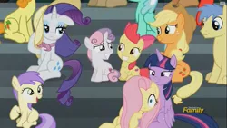 Size: 1280x720 | Tagged: safe, derpibooru import, screencap, alula, apple bloom, applejack, carrot top, fluttershy, golden harvest, goldengrape, rarity, sir colton vines iii, sweetie belle, twilight sparkle, twilight sparkle (alicorn), unnamed character, unnamed pony, alicorn, pony, newbie dash, background pony, cutie mark, discovery family logo, female, filly, hair over one eye, mare, the cmc's cutie marks