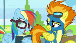 Size: 500x281 | Tagged: safe, derpibooru import, screencap, rainbow dash, silver lining, silver zoom, spitfire, wind waker (character), pegasus, pony, newbie dash, animated, annoyed, book, broken glasses, clipboard, discovery family logo, female, frown, gif, glare, glasses, goggles, male, mare, open mouth, paper, rainbow dork, raised eyebrow, reading rainboom, smiling, spitfire is not amused, stallion, talking, unamused, wing arms, wing hands, wonderbolts, wonderbolts uniform