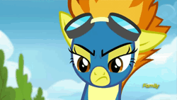 Size: 500x281 | Tagged: angry, animated, blinking, cute, cutefire, derpibooru import, discovery family logo, goggles, newbie dash, safe, screencap, solo, spitfire, unamused, wonderbolts uniform