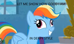 Size: 1280x751 | Tagged: safe, derpibooru import, edit, edited screencap, screencap, rainbow dash, newbie dash, derp, discovery family logo, forthright filly, funny