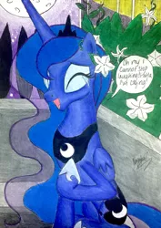 Size: 2053x2895 | Tagged: artist:darkest-lunar-flower, crying, derpibooru import, eyes closed, garden, laughing, moon, moon flower, princess luna, safe, tears of joy, traditional art