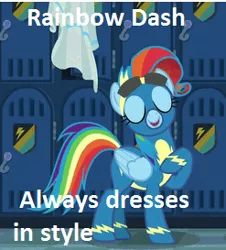 Size: 247x273 | Tagged: derpibooru import, edit, edited screencap, funny, image macro, locker room, meme, newbie dash, rainbow dash, rainbow dash always dresses in style, rainbow fash, safe, screencap, wonderbolts uniform