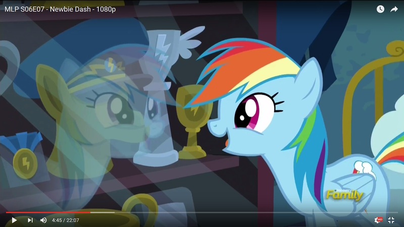 Size: 1600x900 | Tagged: safe, derpibooru import, screencap, rainbow dash, newbie dash, discovery family logo, display case, hat, medal, reflection, trophies, youtube