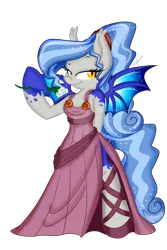 Size: 1280x1920 | Tagged: safe, artist:silent-shadow-wolf, derpibooru import, oc, oc:midnight radiance, unofficial characters only, bat pony, pony, bipedal, clothes, costume, disney, dress, hercules, megara, simple background, solo, transparent background