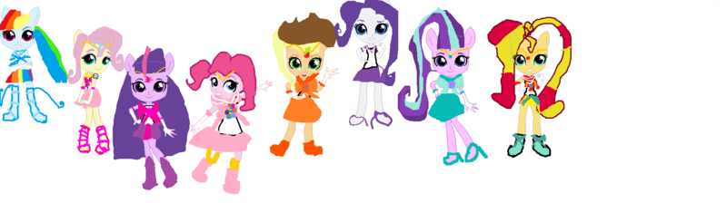 Size: 1800x552 | Tagged: safe, artist:pinkie pie cake, derpibooru import, applejack, fluttershy, pinkie pie, rainbow dash, rarity, starlight glimmer, sunset shimmer, twilight sparkle, equestria girls, base used, clothes, equestria girls minis, ms paint, sailor forgiveness, sailor generosity, sailor honesty, sailor justice, sailor kindness, sailor laughter, sailor loyalty, sailor magic, sailor moon, skirt