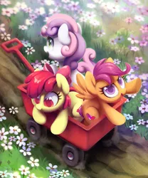 Size: 1650x1981 | Tagged: safe, artist:dawnfire, derpibooru import, apple bloom, scootaloo, sweetie belle, earth pony, pegasus, pony, unicorn, adorabloom, bow, colored pupils, cute, cutealoo, cutie mark, cutie mark crusaders, daaaaaaaaaaaw, diasweetes, female, filly, flower, hair bow, open mouth, print, scenery, smiling, the cmc's cutie marks, wagon