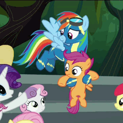 Size: 640x640 | Tagged: safe, derpibooru import, screencap, apple bloom, rainbow dash, rarity, scootaloo, sweetie belle, pony, newbie dash, animated, cutie mark crusaders, floating, goggles, holding a pony, leg wiggle, loop, pointing, talking, wonderbolts uniform