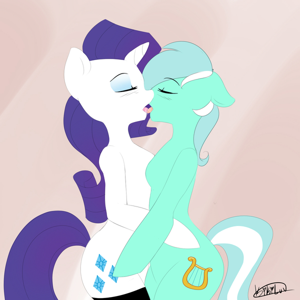 Size: 1200x1200 | Tagged: anthro, arm hooves, artist:kikiluv, derpibooru import, female, kissing, lesbian, lyra heartstrings, lyraty, nudity, questionable, rarity