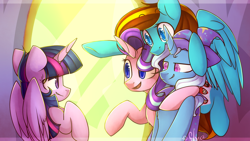 Size: 1024x576 | Tagged: safe, artist:starlyflygallery, derpibooru import, starlight glimmer, trixie, twilight sparkle, twilight sparkle (alicorn), oc, oc:ilovekimpossiblealot, alicorn, pony, no second prances, chest fluff, colored pupils, counterparts, female, hoof around neck, lidded eyes, looking at each other, looking down, magical trio, mare, nervous, open mouth, smiling, sweat, sweatdrop, twilight's counterparts, underhoof