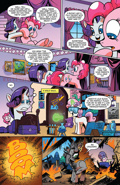 Size: 900x1384 | Tagged: safe, artist:andypriceart, derpibooru import, idw, cookie crumbles, pinkie pie, rarity, sweetie belle, earth pony, pony, unicorn, spoiler:comic, spoiler:comic42, book, chemistry, comic, explosion, female, filly, fire, foal, glowing horn, horn, i want to believe, lab goggles, levitation, magic, magic aura, mare, my tiny gecko, official comic, preview, pyro belle, shaved tail, speech bubble, sweetie bald, sweetie belle's magic brings a great big smile, sweetie fail, sweetiedumb, teddy bear, telekinesis, the x files, thermodynamics, this ended in explosions, young frankenstein