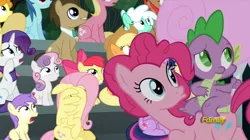 Size: 854x479 | Tagged: safe, derpibooru import, screencap, apple bloom, doctor whooves, fluttershy, lily, lily valley, pinkie pie, rarity, spike, sweetie belle, time turner, pony, newbie dash, cotton candy, cutie mark, discovery family logo, duckface, female, filly, food, male, stallion, the cmc's cutie marks, wing hands