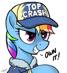 Size: 838x903 | Tagged: safe, artist:selenophile, derpibooru import, rainbow dash, pegasus, pony, newbie dash, baseball cap, bust, clothes, coat, dialogue, female, hat, mare, portrait, rainbow crash, simple background, smiling, solo, top gun, white background