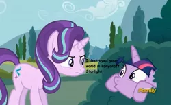 Size: 867x529 | Tagged: safe, derpibooru import, screencap, starlight glimmer, twilight sparkle, twilight sparkle (alicorn), alicorn, pony, no second prances, annoyed, bush, discovery family logo, everything is ruined, female, frown, gaming, glare, hiding, mare, meta, minecraft, open mouth, ponycraft, pure unfiltered evil, smiling, twilight bushel, wide eyes