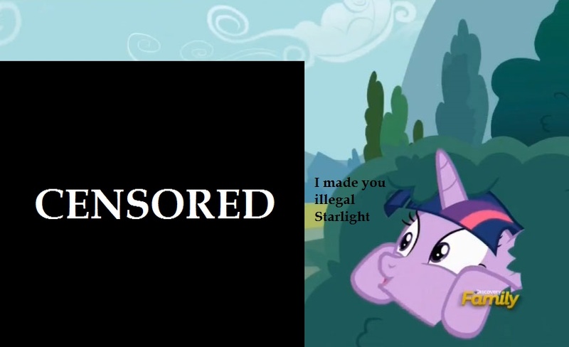 Size: 867x529 | Tagged: safe, derpibooru import, edit, edited screencap, screencap, twilight sparkle, twilight sparkle (alicorn), alicorn, pony, no second prances, censored, discovery family logo, female, hiding, image macro, implied starlight glimmer, mare, meme, solo, twilight bushel