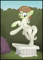 Size: 2050x2876 | Tagged: safe, artist:icaron, derpibooru import, oc, oc:saga, unofficial characters only, pegasus, pony, canterlot, garden, inanimate object, inanimate tf, objectification, petrification, plinth, show accurate, solo, statue, stone, transformation