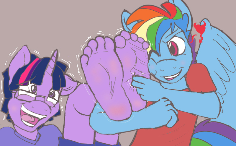 Size: 928x573 | Tagged: anthro, artist:arcadias, artist:caroo, barefoot, colored sketch, derpibooru import, devil heart, duskblitz, dusk shine, feet, fetish, foot fetish, foot focus, plantigrade anthro, rainbow blitz, rainbow dash, rule 63, safe, shipping, sketch, soles, tickle fetish, tickle torture, tickling, twilight sparkle