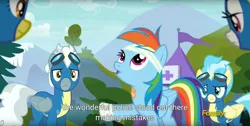 Size: 1920x970 | Tagged: safe, derpibooru import, screencap, misty fly, rainbow dash, silver lining, silver zoom, spitfire, newbie dash, discovery family logo, meme, wonderbolts uniform, youtube caption