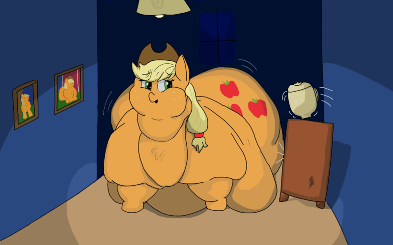 Size: 1280x800 | Tagged: applefat, applejack, artist:lupin quill, big belly, chest fluff, chubby cheeks, derpibooru import, fat, female, jiggle, large butt, morbidly obese, night, obese, photo, questionable, solo, solo female, vase