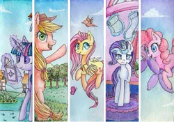 Size: 3250x2280 | Tagged: safe, artist:0okami-0ni, derpibooru import, applejack, fluttershy, pinkie pie, rainbow dash, rarity, twilight sparkle, twilight sparkle (alicorn), alicorn, pony, balloon, book, bookmark, fabric, magic, mane six, telekinesis, traditional art, watercolor painting