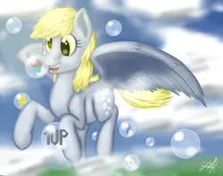Size: 1280x1009 | Tagged: safe, artist:rtg2100, derpibooru import, derpy hooves, pegasus, pony, bubble, female, food, lightning, mare, muffin, solo