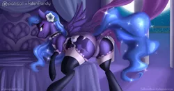 Size: 2000x1047 | Tagged: suggestive, alternate version, artist:falleninthedark, artist:stepandy, derpibooru import, princess luna, alicorn, pony, bed, clothes, collaboration, dock, female, garters, latex, latex socks, looking at you, looking back, moonbutt, panties, patreon, patreon logo, plot, raised tail, smiling, socks, solo, solo female, tail, thigh highs, underwear